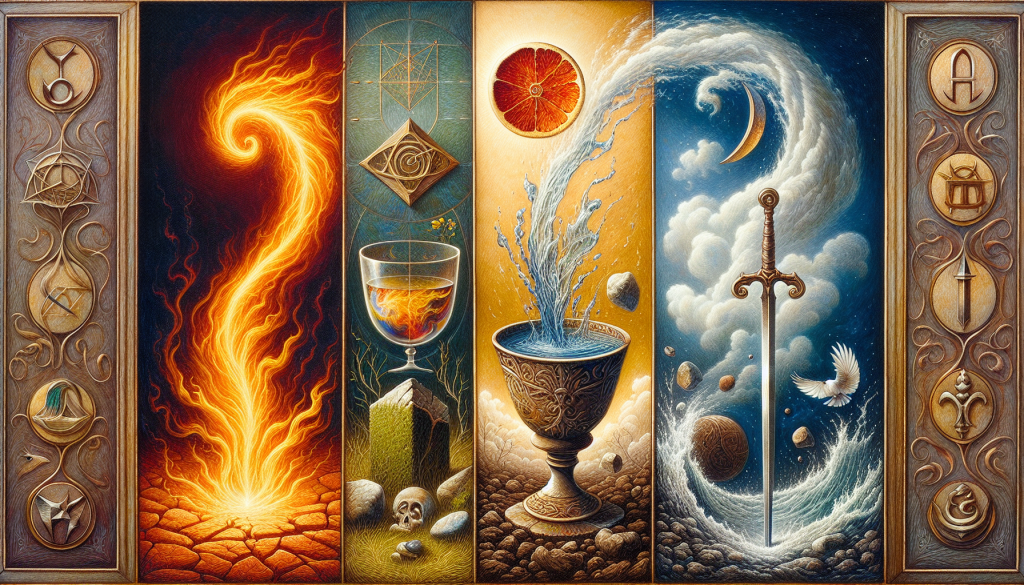 Illustration of the elements of the fours suits in tarot