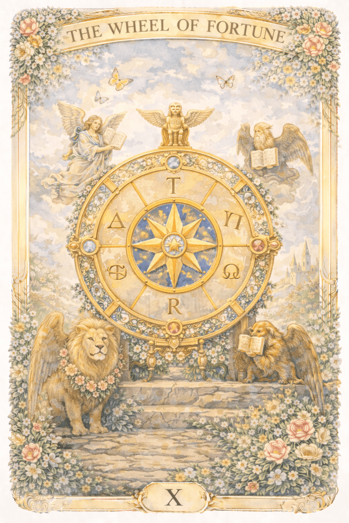 A spiritual and floral version of the wheel of fortune tarot card