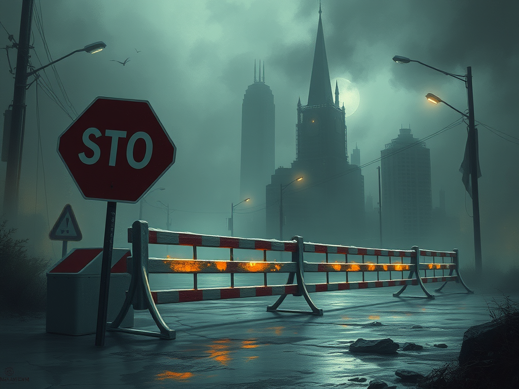 A stop sign and roadblock, depicting the obstacles connected to the world card in reverse