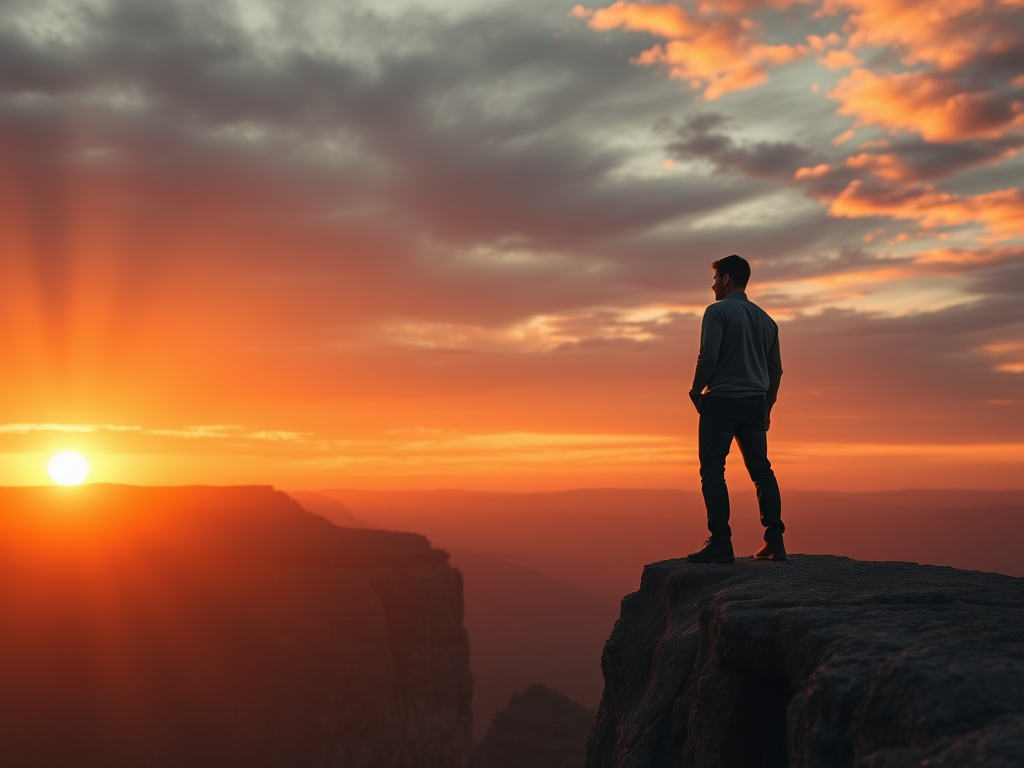 A man looking out over a horizon as the sun sets 