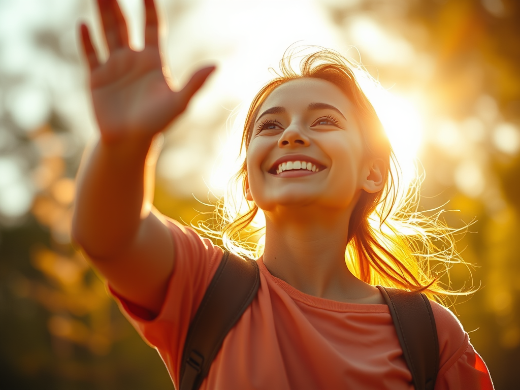 A girl with a smile in the sunlight, radiating optimism