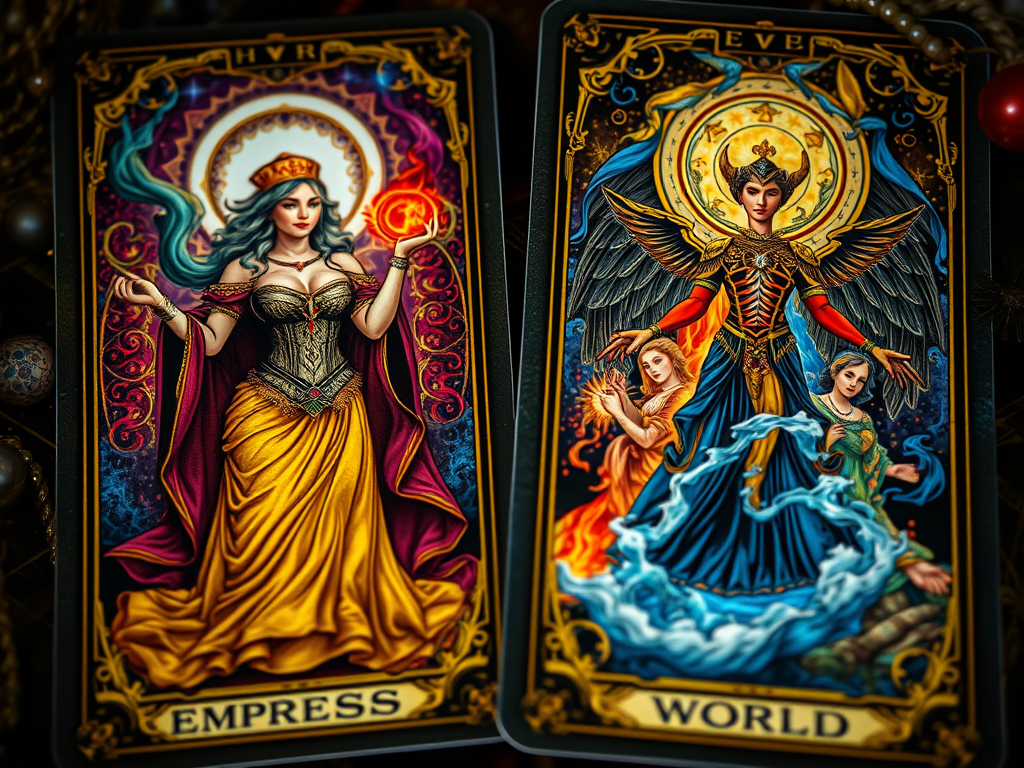 The empress tarot card and the world tarot card side by side 