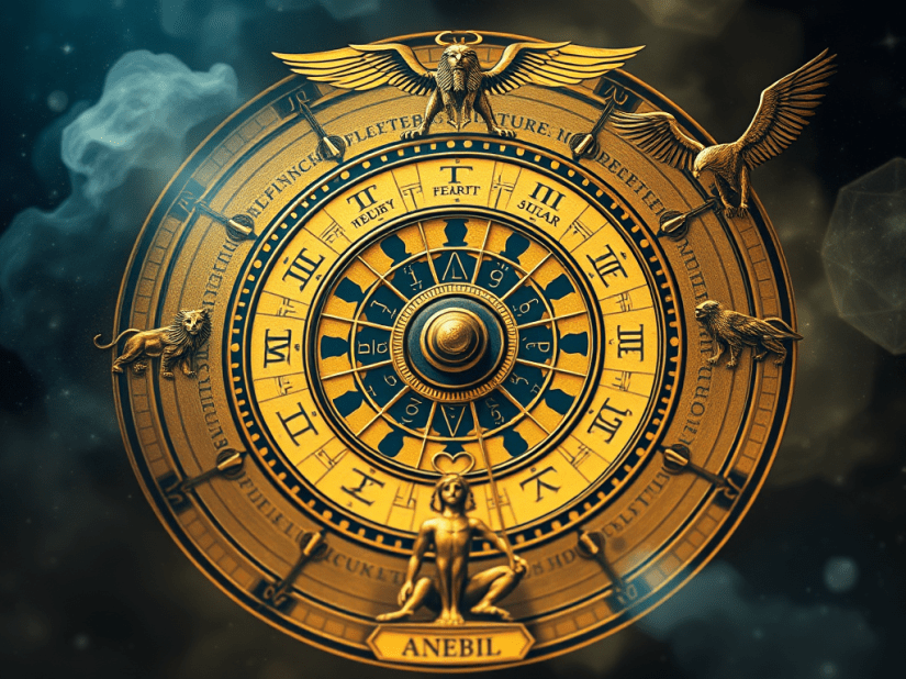 Graphic image of a wheel of fortune with Egyptian symbols 