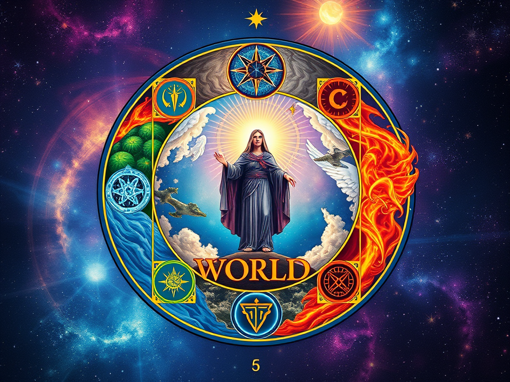 an artistic depiction of the world tarot card