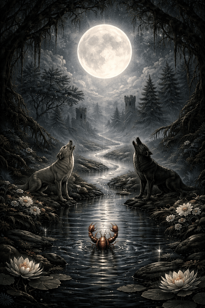Imagery of the moon with a wolf and dog howling into the night and crayfish coming out of the water
