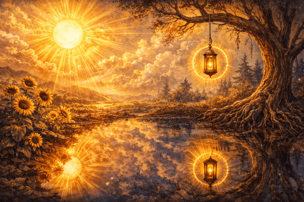 a symbolic image of the combined energy of the sun tarot card and the hanged man