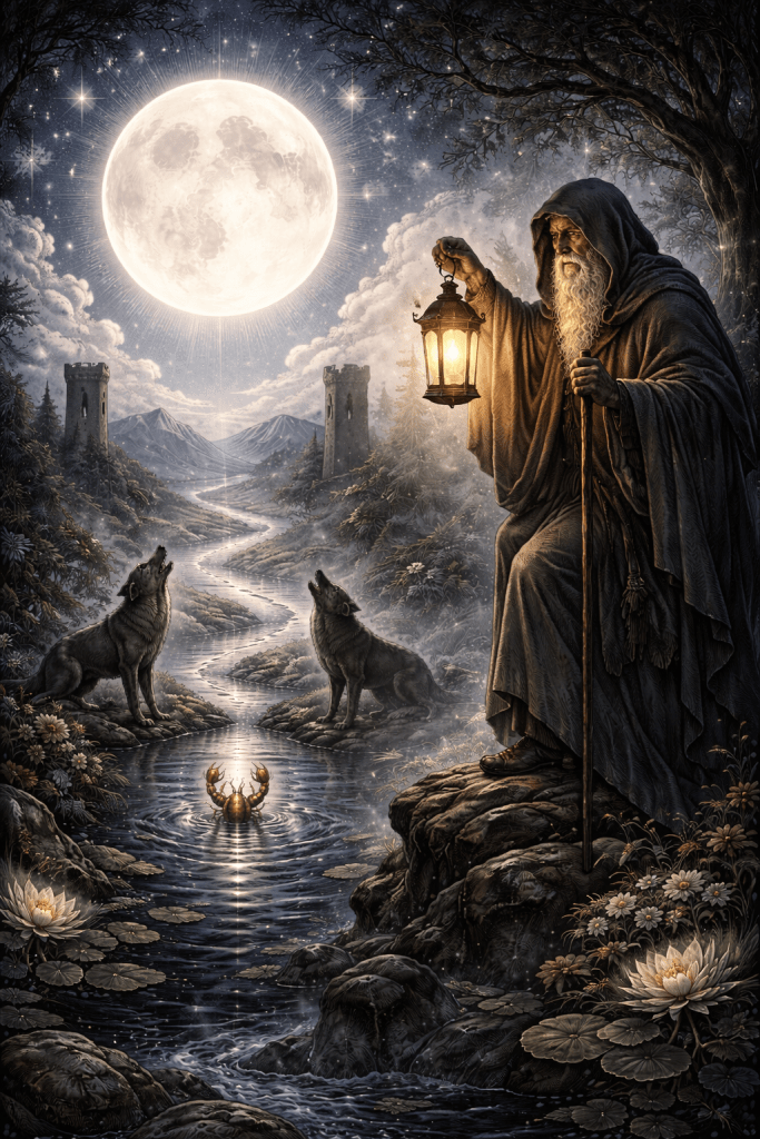Image of the hermit embarking on a journey through the symbolism of the moon tarot card