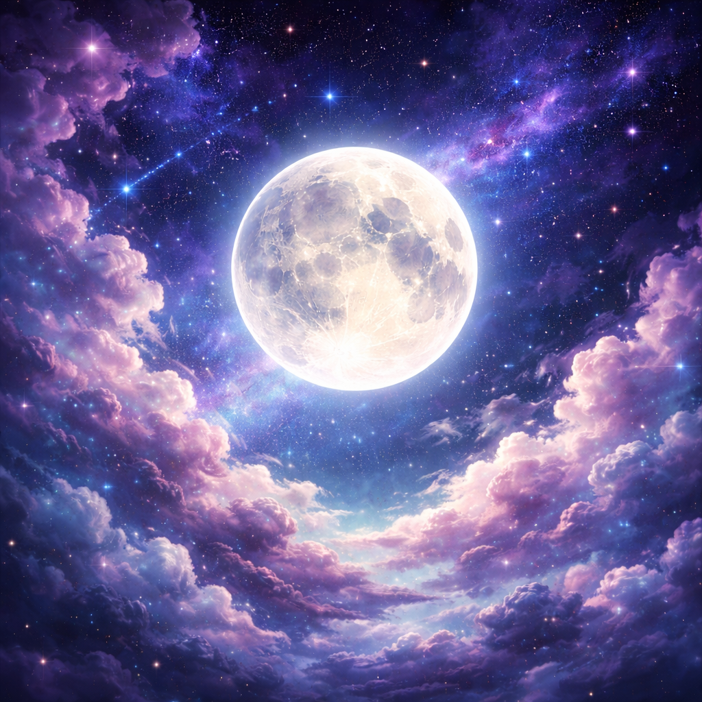 A celestial image of a moon with purple clouds and stars