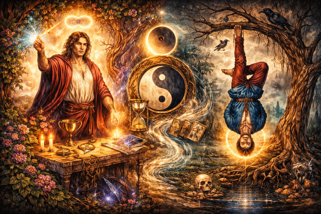 The magician and the hanged man tarot card combination show in an artistic painting style image