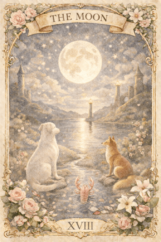 The moon tarot card in a light romantic style