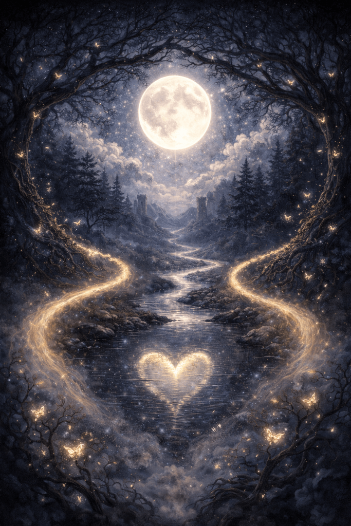 The imagery of the moon tarot card in a soft painterly art style