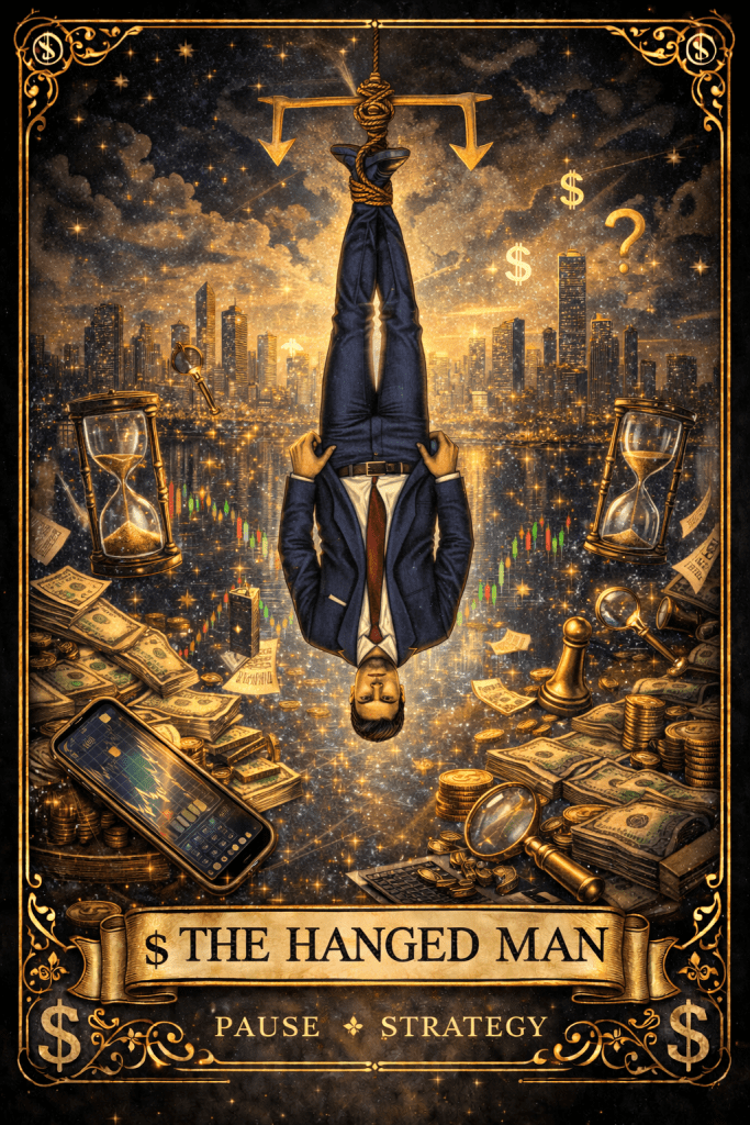 the hanged man tarot card in with a career and business focused art style. Featuring a businessman, money and stocks