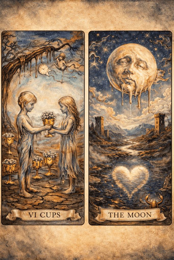 Image of the six of cups and moon tarot card in a surreal art style
