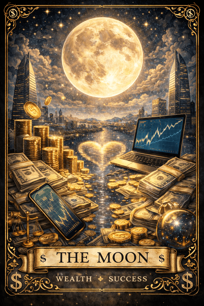 The moon tarot card in an art style that emphasizes career and money symbolism