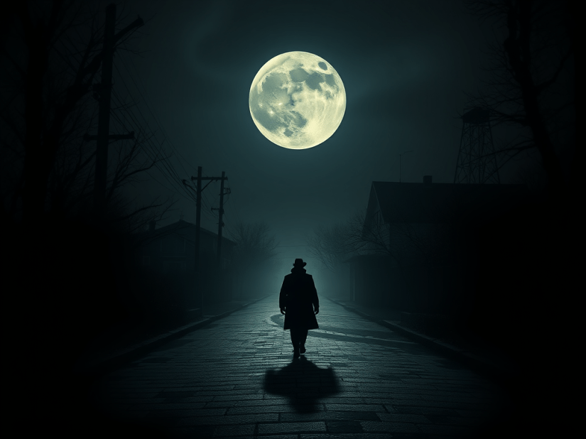 A man walking down a dark path under moonlight