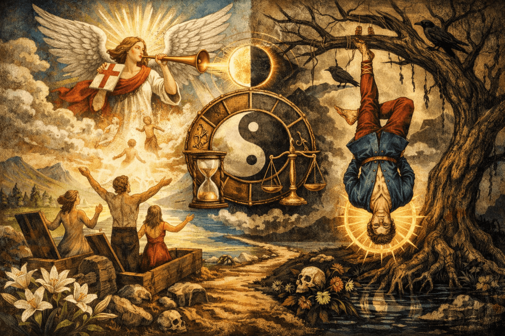 the judgement and hanged man tarot card combination shown in an artistic style