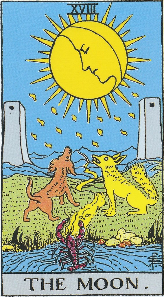 The moon tarot card from the traditional rider wait tarot deck 