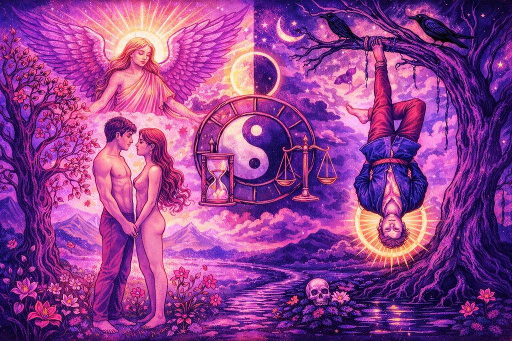the lovers and the hanged man tarot cards together