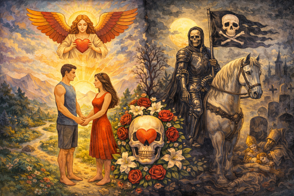 A combination of two major arcana tarot cards, death and the lovers
