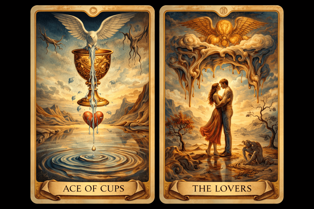The tarot card 'Ace of Cups' and 'The Lover's' beside each other in a tarot reading
