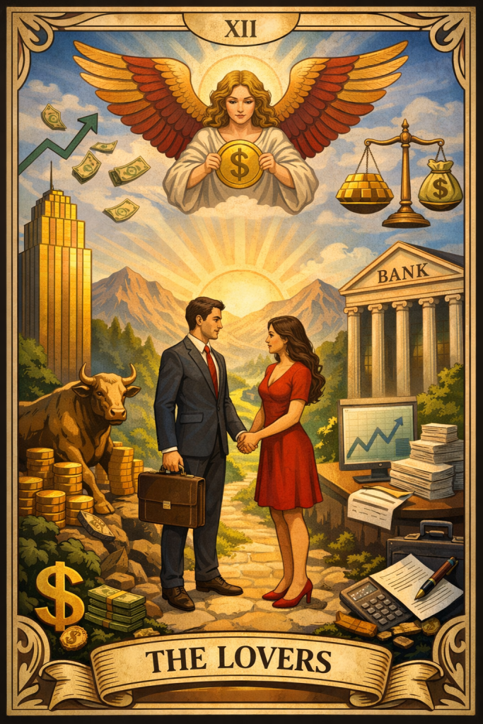 'THE LOVERS' tarot card in a career and financial context for work and money tarot readings
