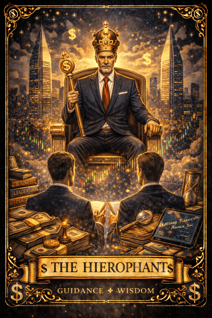 The hierophant stylized for a career and money context with depictions of wealth surrounding him