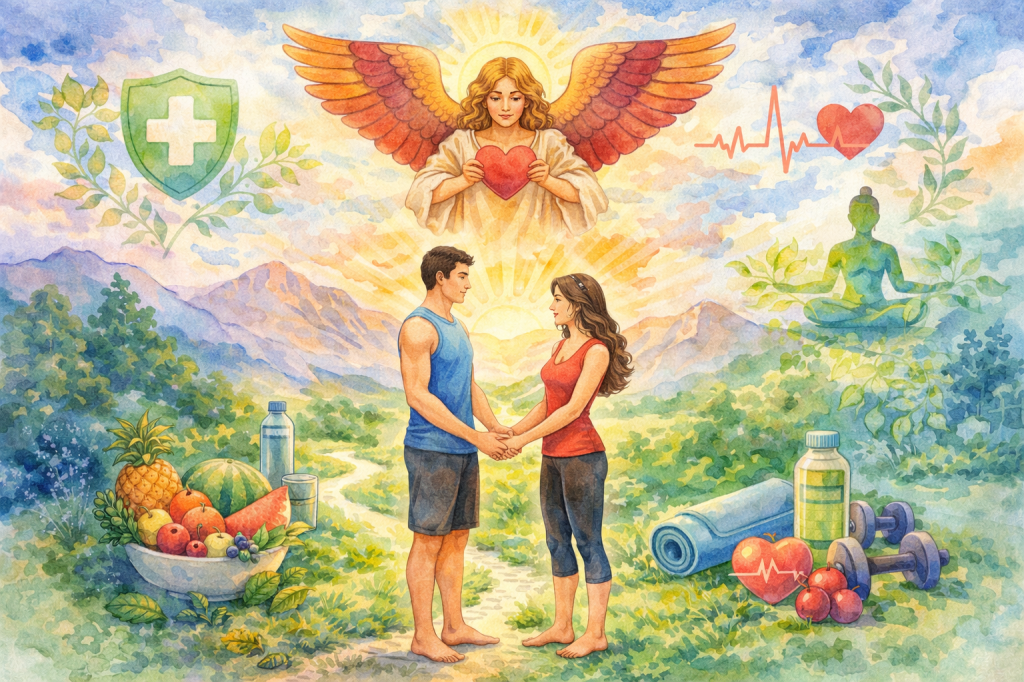 A health and wellness background for 'THE LOVERS' tarot card