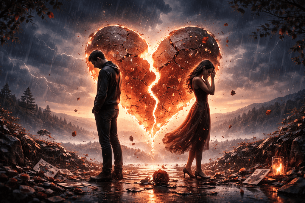 A couple standing in front of a broken heart symbolizing heartbreak