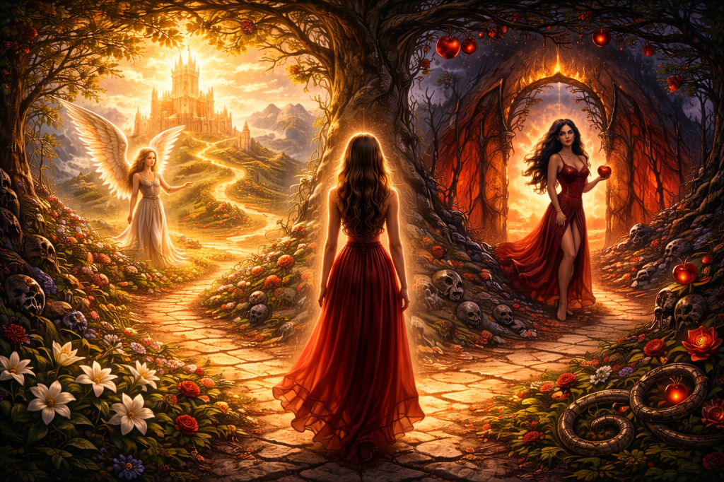 Artwork with a woman standing before two paths, one a road of temptation and darkness, another road of light, blessed by an angel. Depicting a moral dilemma.