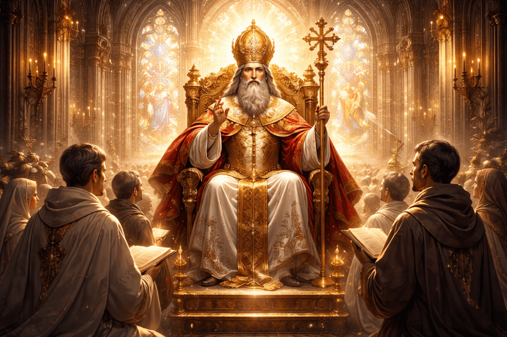 An artistic image of the hierophant surrounded by disciples 