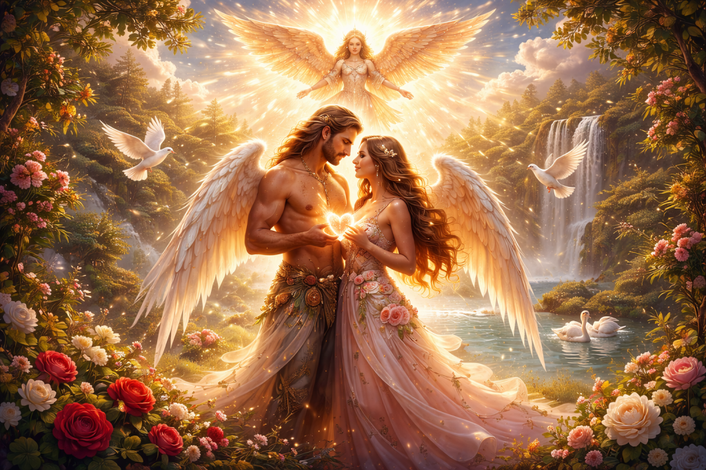 A couple with angel wings holding a glowing heart as they stare into each other's eyes. An angel flies overtop offering them blessings and the background is a beautiful nature scene with flowers, swans and a waterfall.