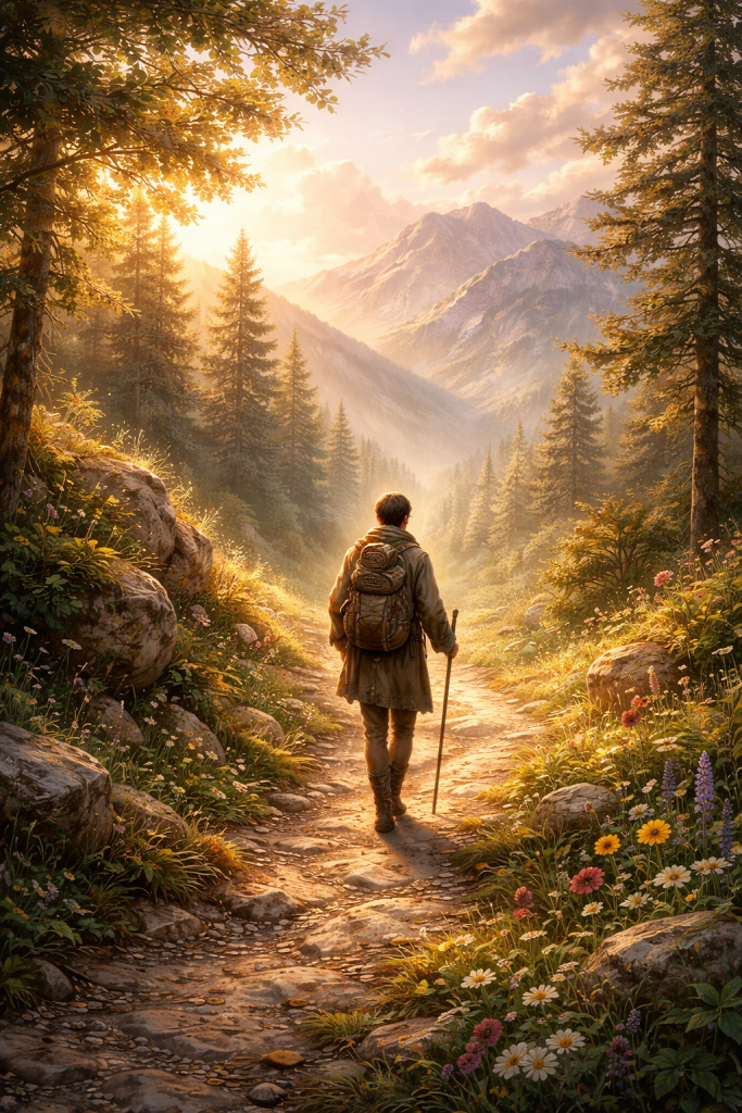 A man walking alone on a path through a beautiful landscape