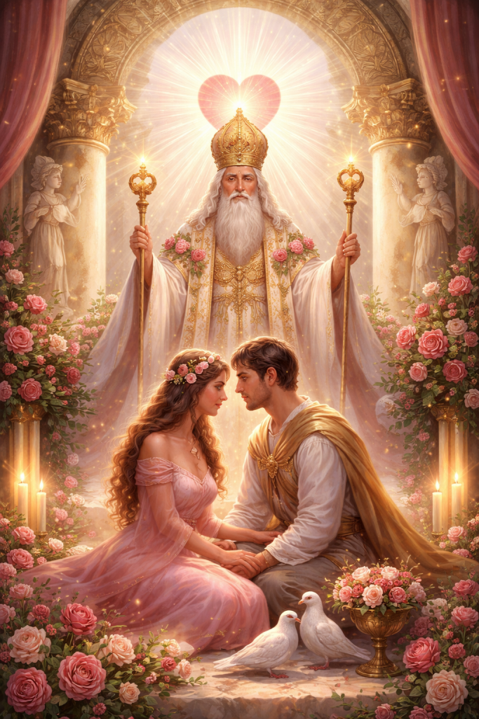 The hierophant in a love context blessing a couple as they stare into each other's eyes