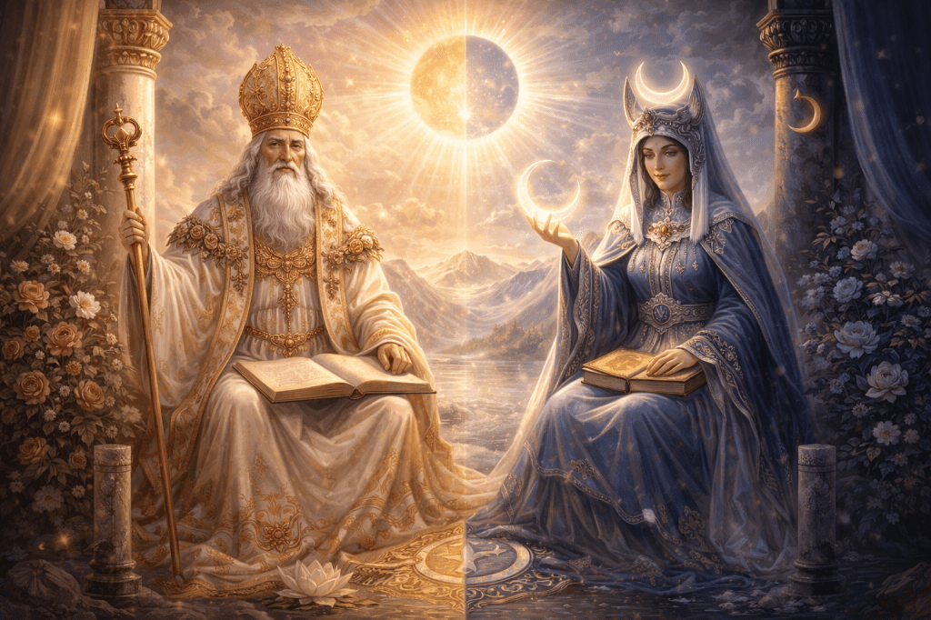 The hierophant and the high priestess depicted side by side to show their combined meaning  