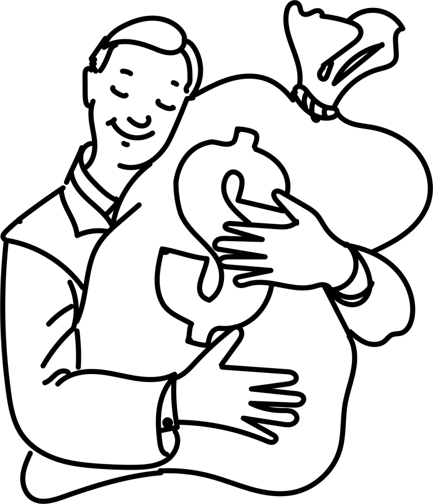 A man lovingly holding a bag of money