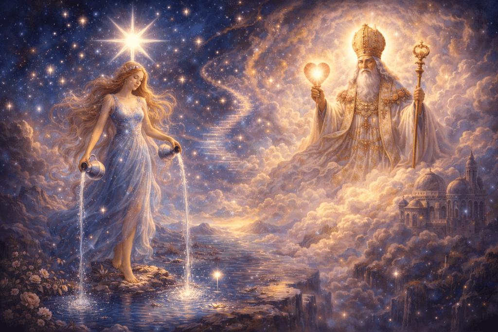 An artistic depiction of the star tarot card with the hierophant in the background showing the two tarot cards together