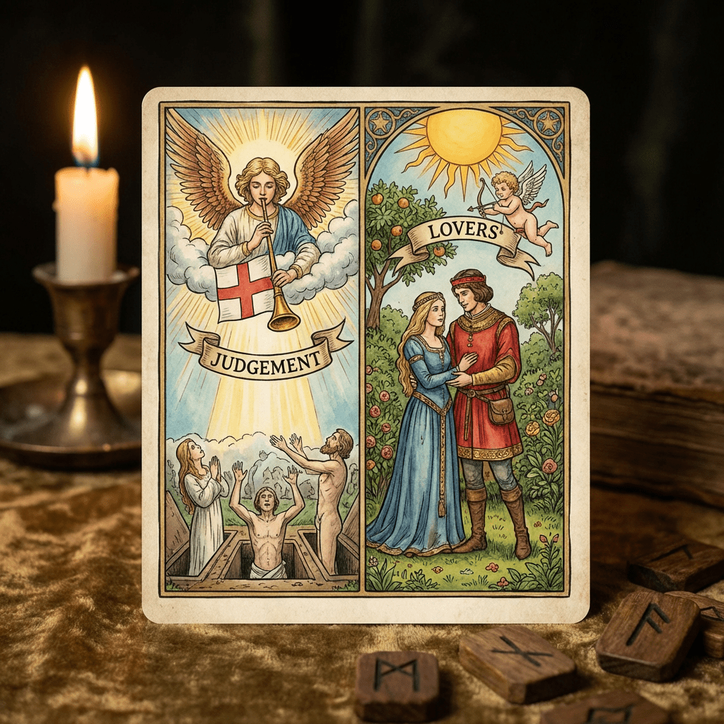 Tarot card with 'JUDGEMENT' and 'LOVERS' panels next to a candle and runes.