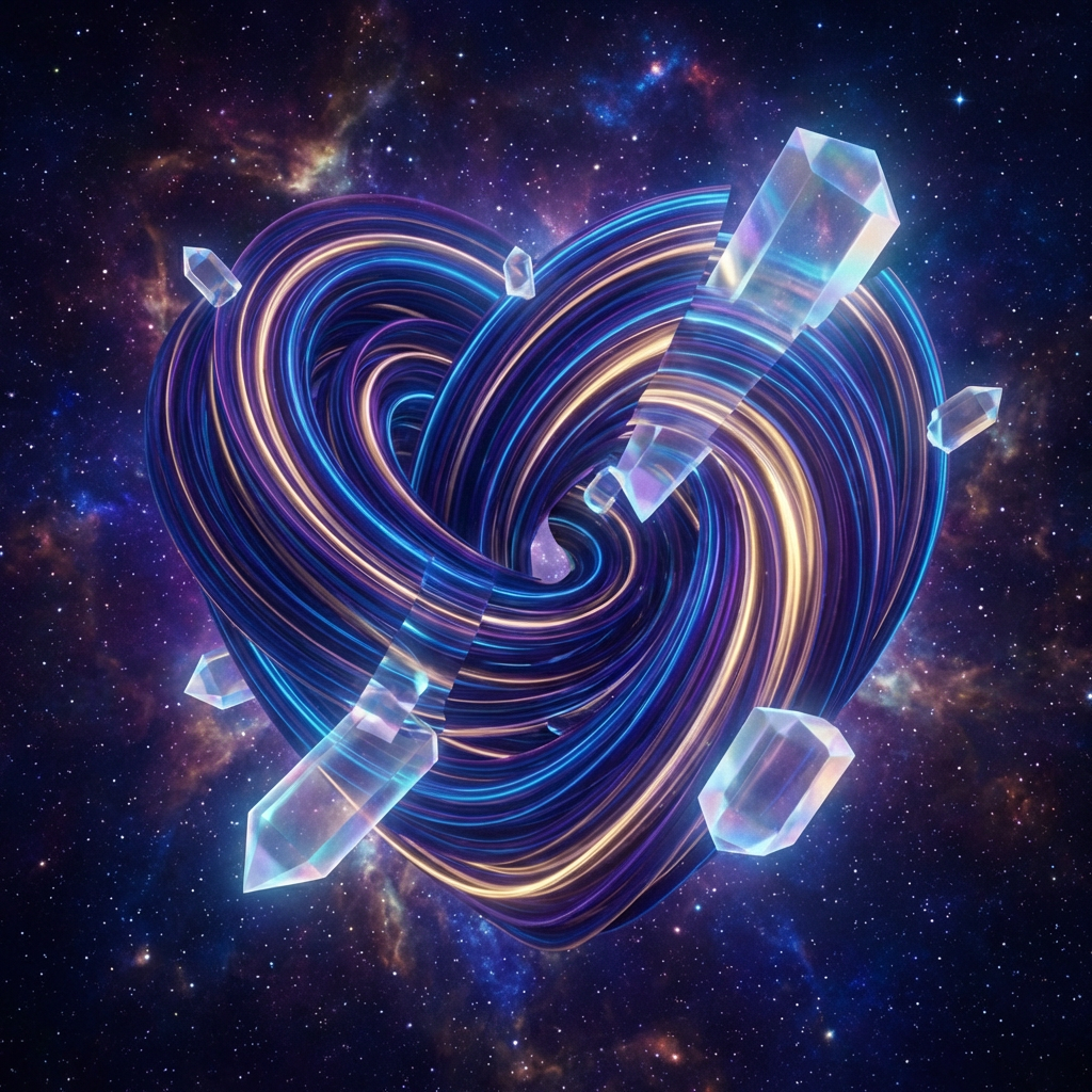 A glowing blue and gold heart-shaped nebula surrounded by translucent crystals in space.