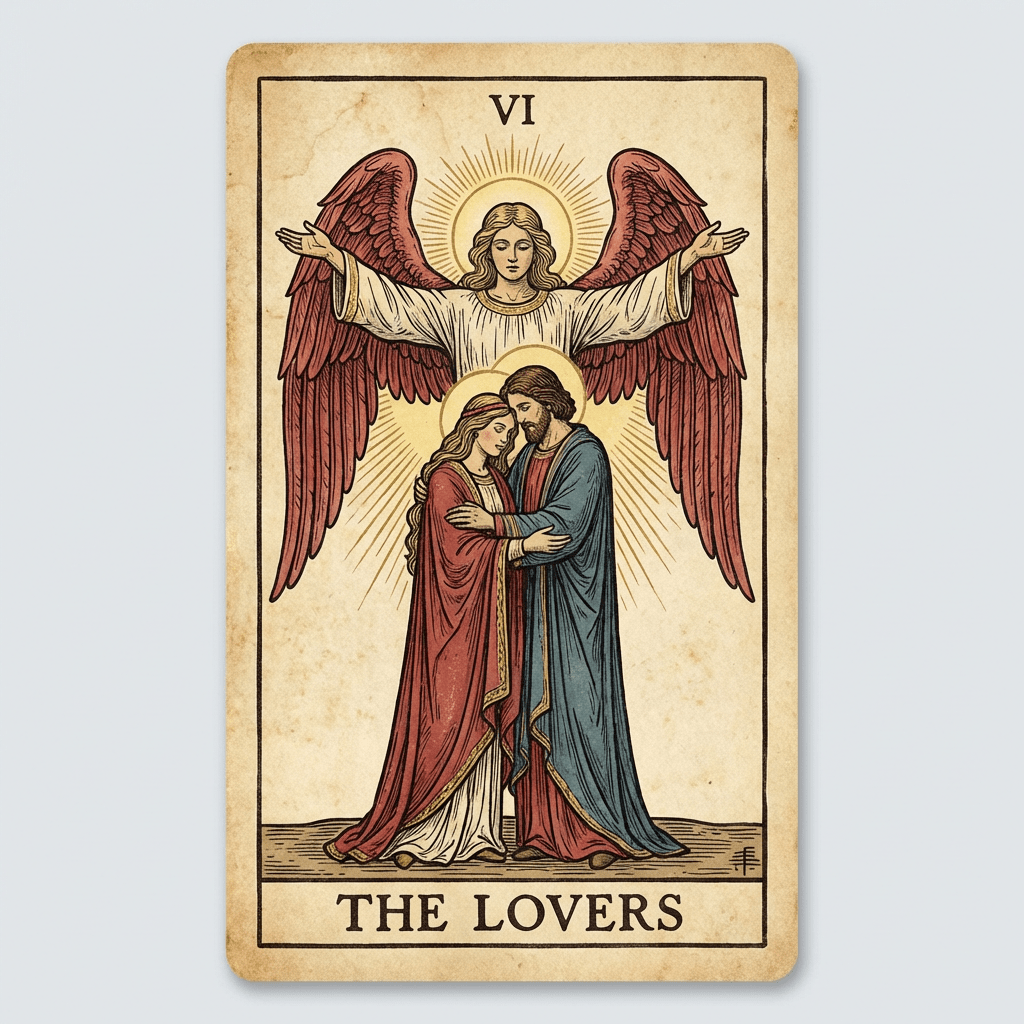 Tarot card VI THE LOVERS featuring an angel blessing an embracing couple.