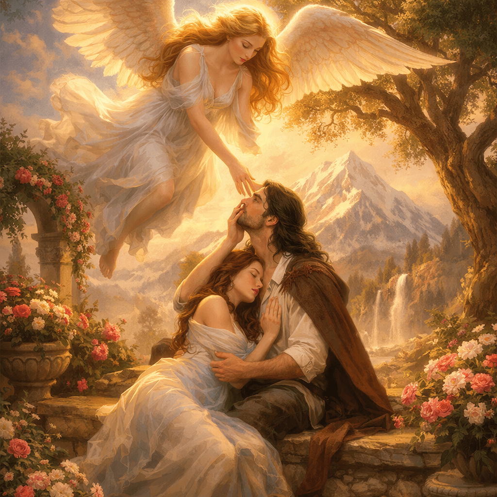 An angel touching a man's forehead as a woman rests on his chest amidst flowers and mountains
