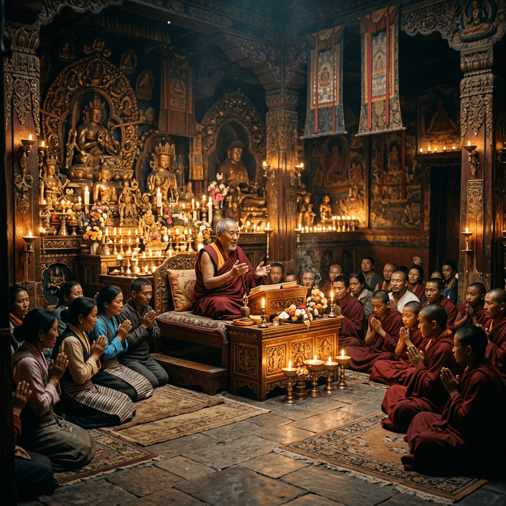 A Tibetan Buddhist monk leading a prayer session surrounded by monks and devotees in an ornate temple