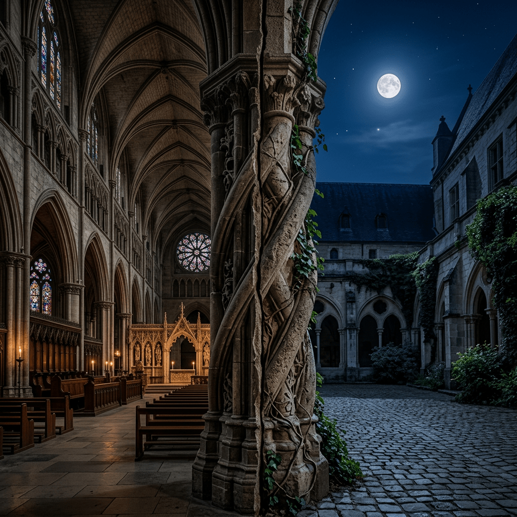 Gothic cathedral interior with candles lit and a moonlit courtyard with ivy-covered stone walls