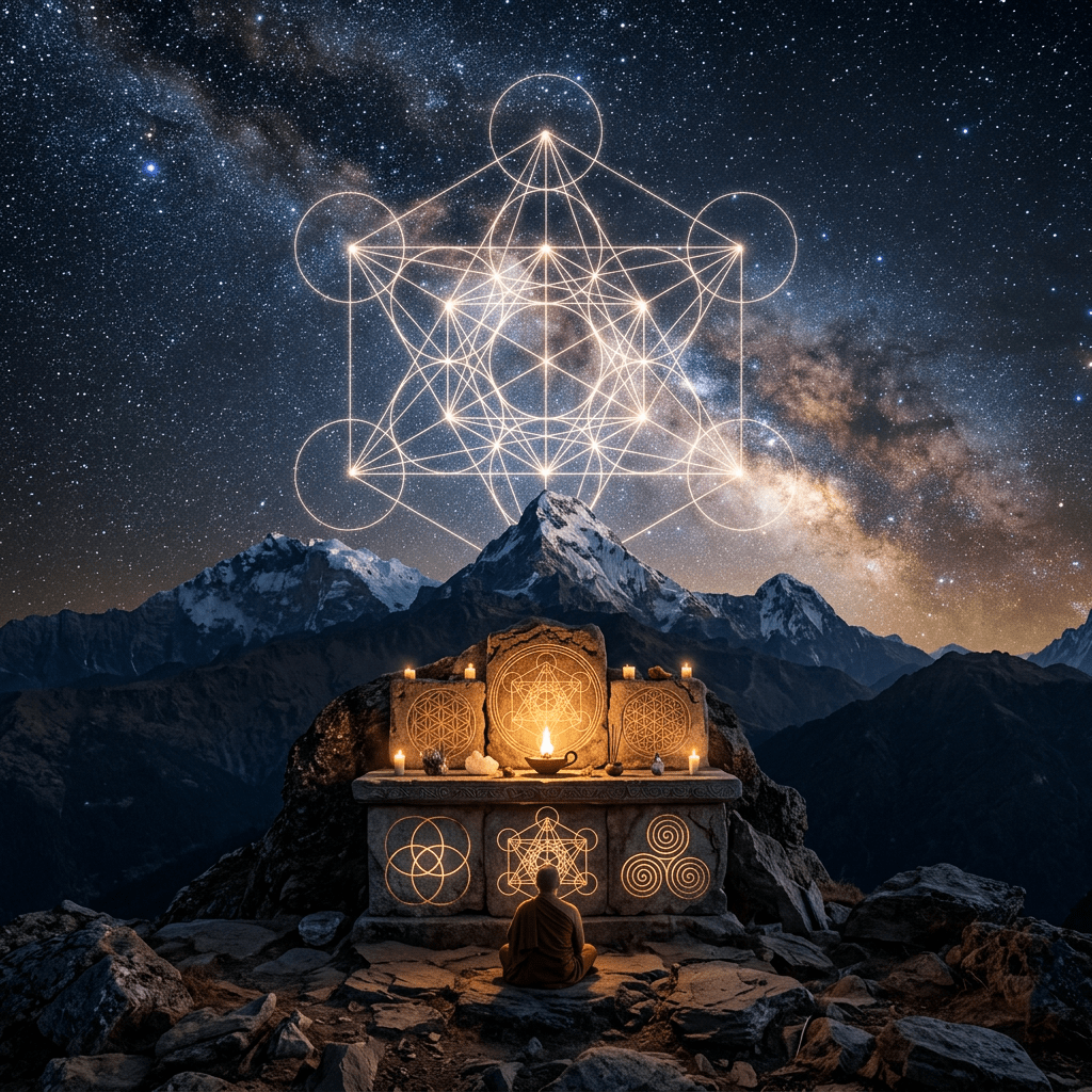 Person meditating at an illuminated altar with sacred geometric symbols under a star-filled night sky over mountains