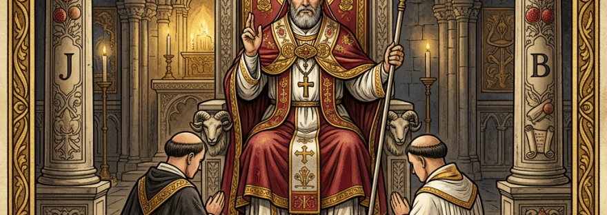 Hierophant tarot card with a pope-like figure seated on a throne, two kneeling followers, and religious symbols