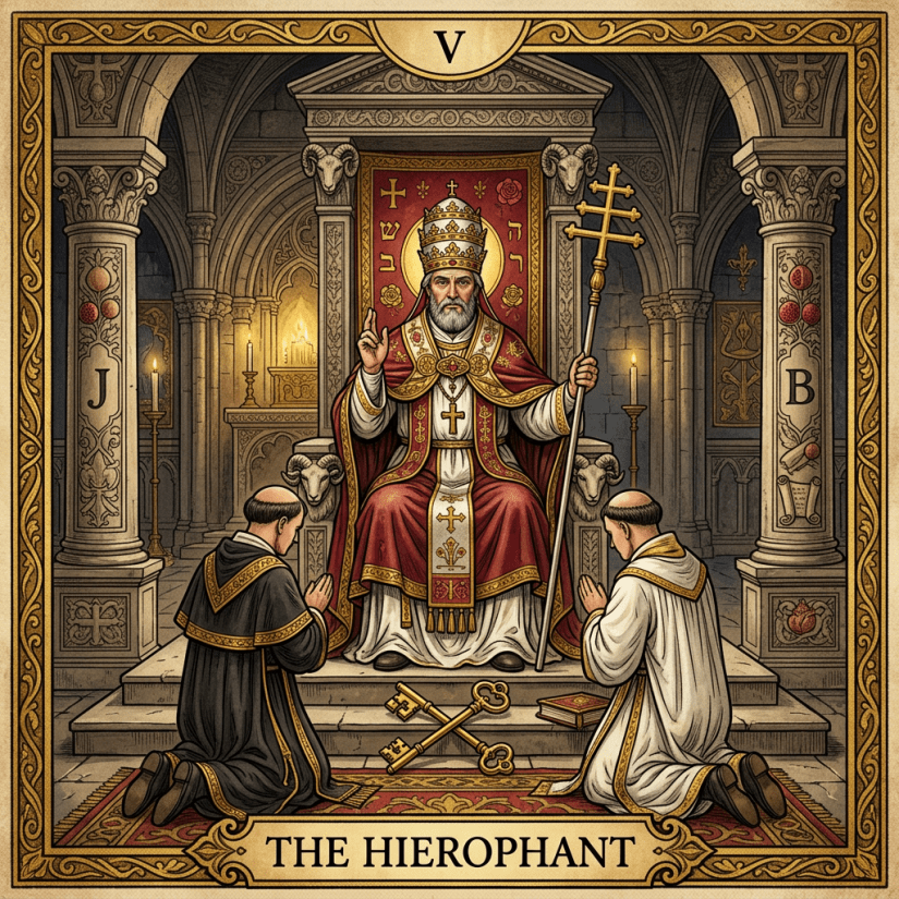 Hierophant tarot card with a pope-like figure seated on a throne, two kneeling followers, and religious symbols