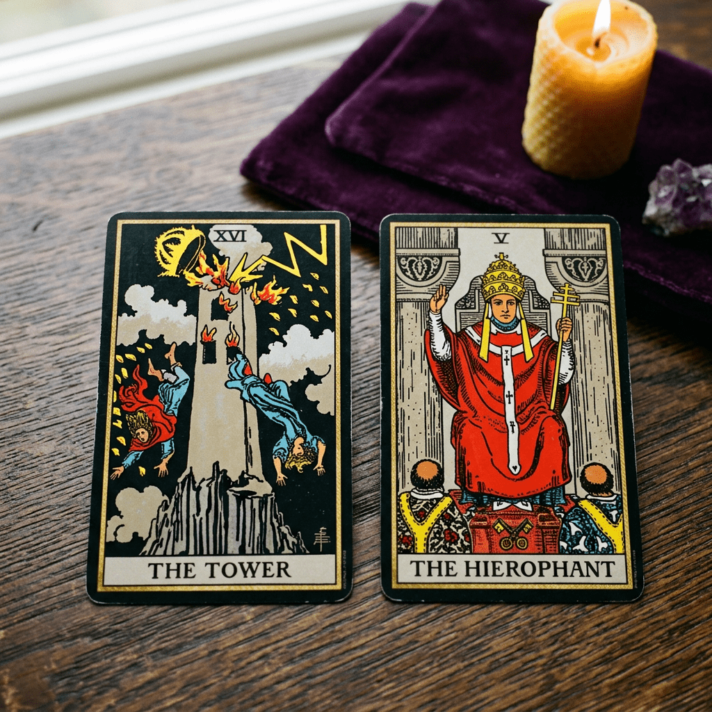 The Tower and The Hierophant tarot cards on a wooden surface with a lit candle and purple cloth nearby