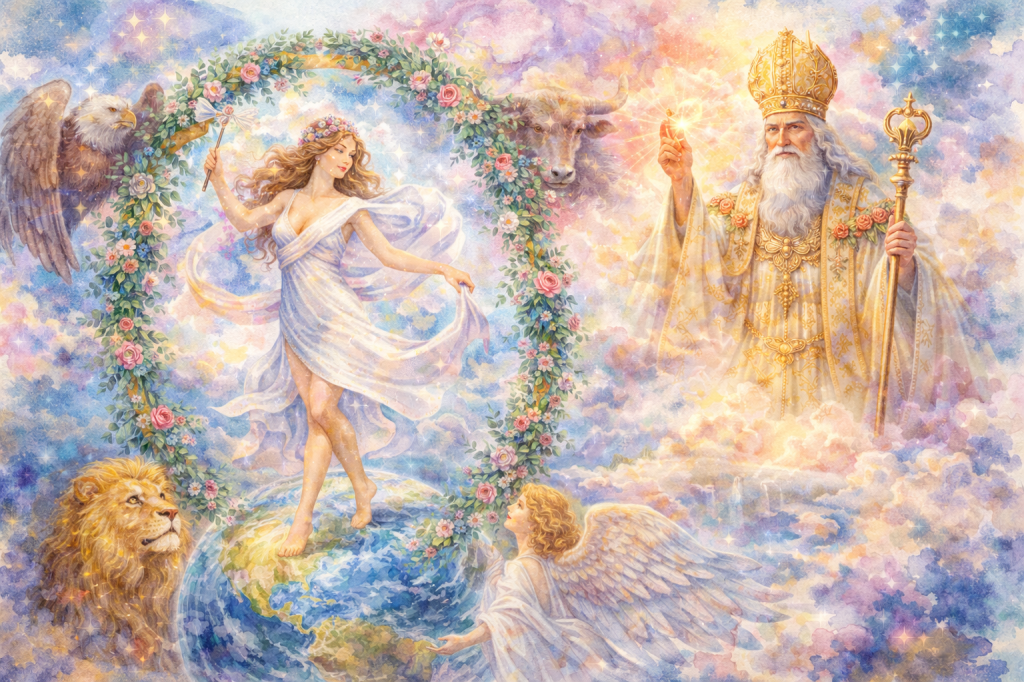 A painting style image of the world tarot card and the hierophant tarot card together in a reading