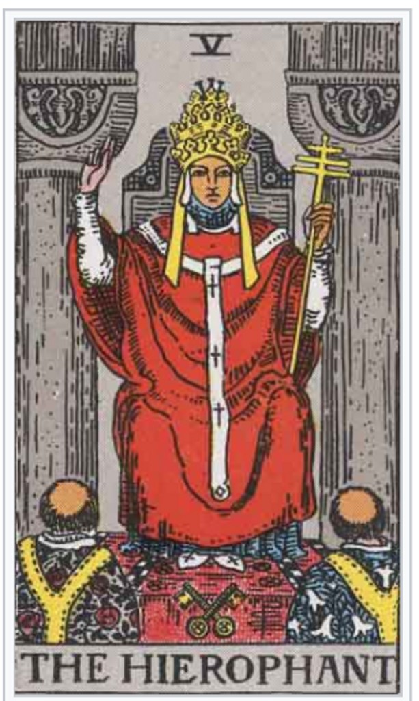 The traditional depiction of the hierophant tarot card from the Rider Waite tarot deck
