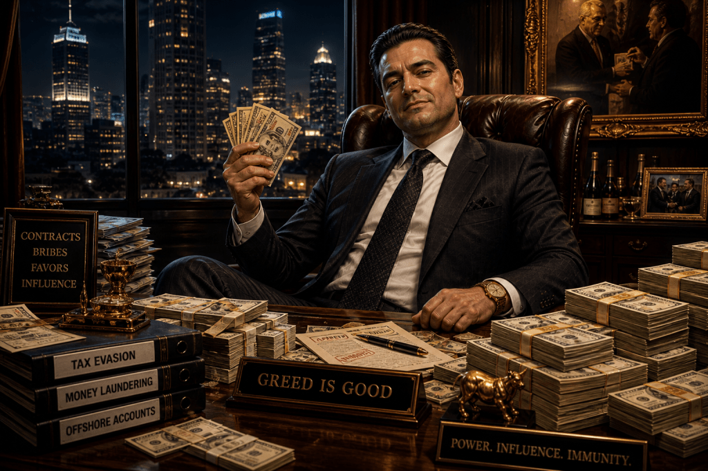 A corrupt businessman with wealth and power symbols around him, such as stacks of cash