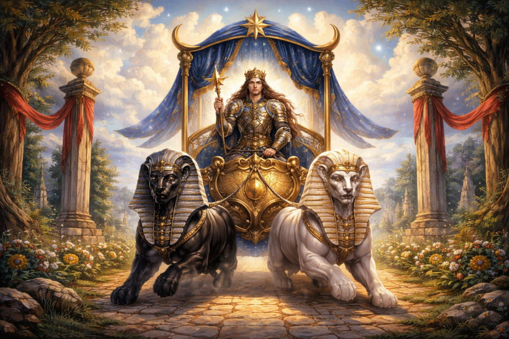 The chariot tarot card shown in an artistic style.